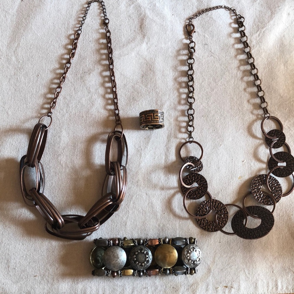 copper chunky metallic bronze Necklace bracelet ring set